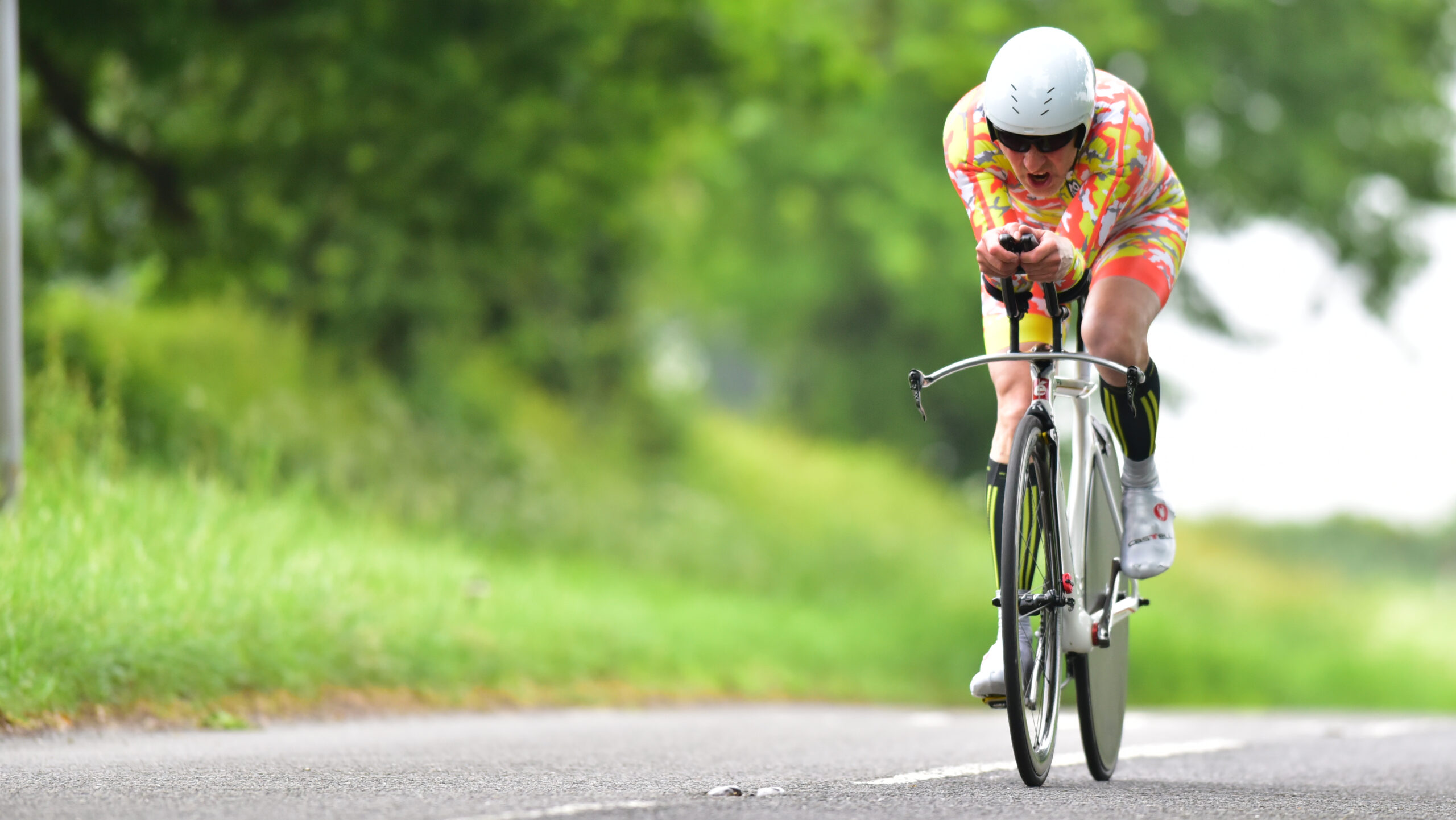 Cambridge Chrono closed road UCI qualifying time trial. Timing chip visible on front wheel quick release.