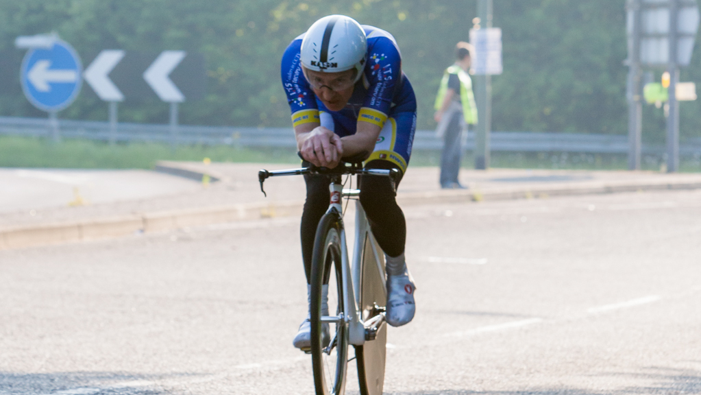 Time trial rider on a P3C time trial bike competing in a 25 mile time trial. This was the one and only time that I was under 60 minutes for a 25 mile time trial.