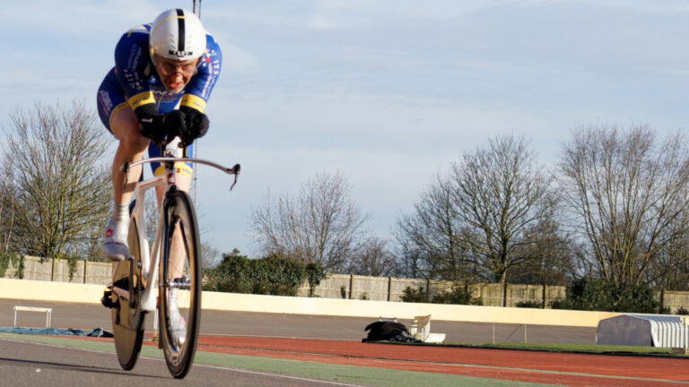 Time trial rider aero testing at Palmer Park outdoor velodrome