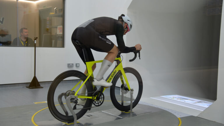 Rider on a road bike in a wind tunnel